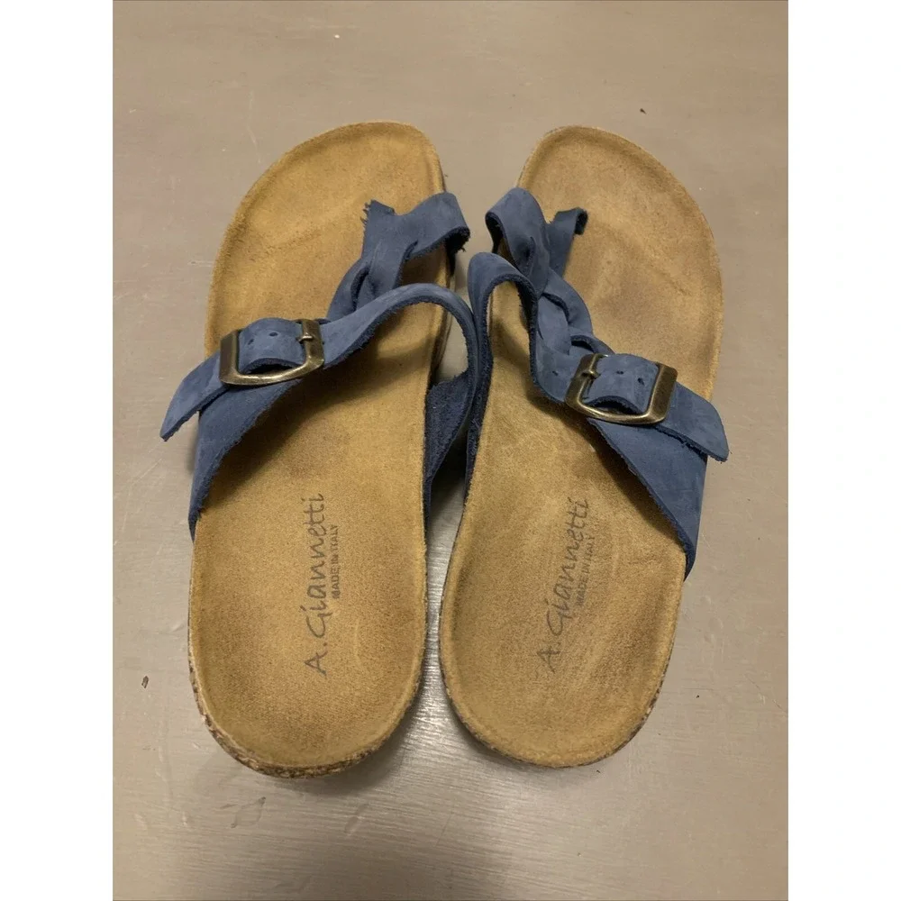 A Giannetti‎ Blue Leather Cork Wedge Sandals Womens Size 6.5 Made In Italy